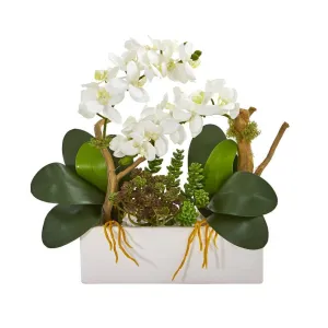 15" Phalaenopsis Orchid and Succulent Artificial Arrangement