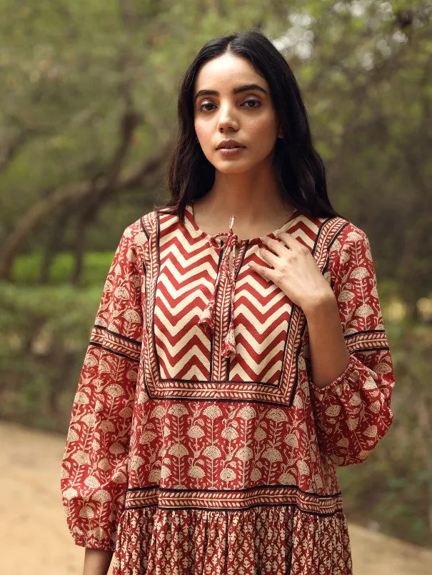 Ahana Red Block Printed Dress