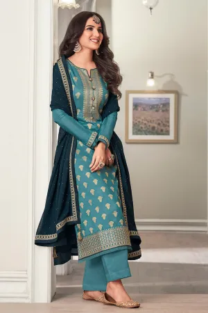 Blue Dola Jacquard Silk Festival Salwar Kameez