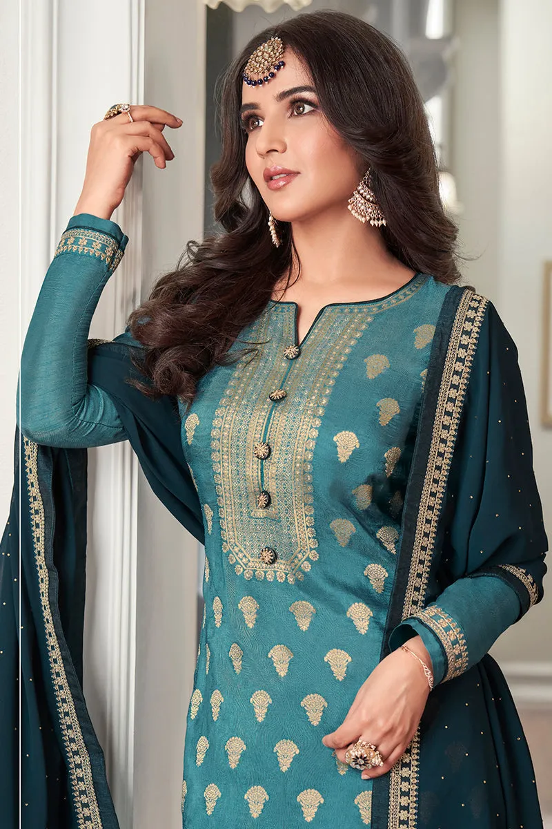 Blue Dola Jacquard Silk Festival Salwar Kameez