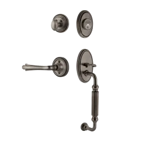 Classic Handleset with F-Grip and Classic Rosette with Fleur Lever in Antique Pewter