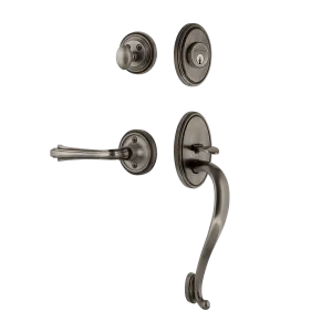 Classic Handleset with S-Grip and Classic Rosette with Fleur Lever in Antique Pewter