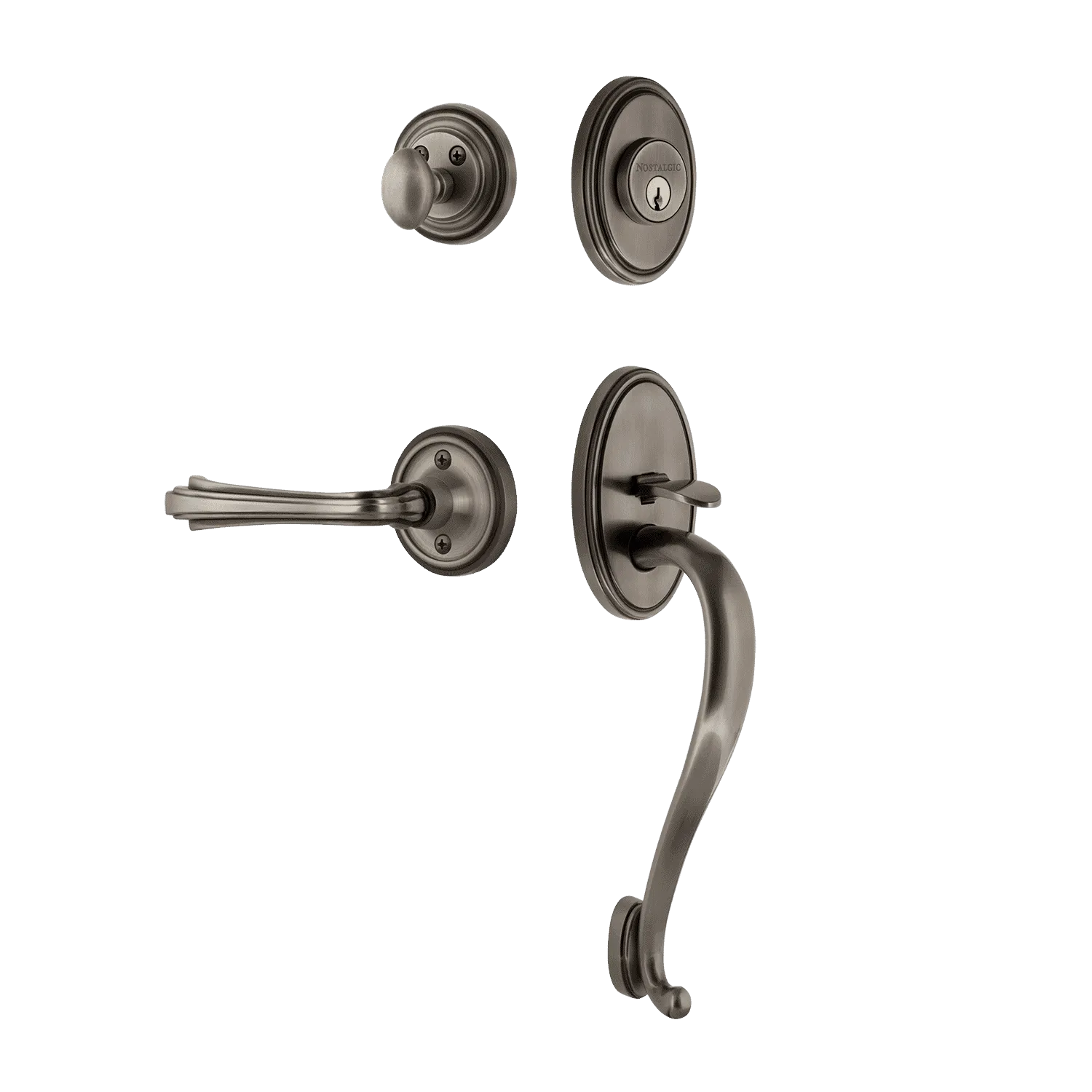 Classic Handleset with S-Grip and Classic Rosette with Fleur Lever in Antique Pewter