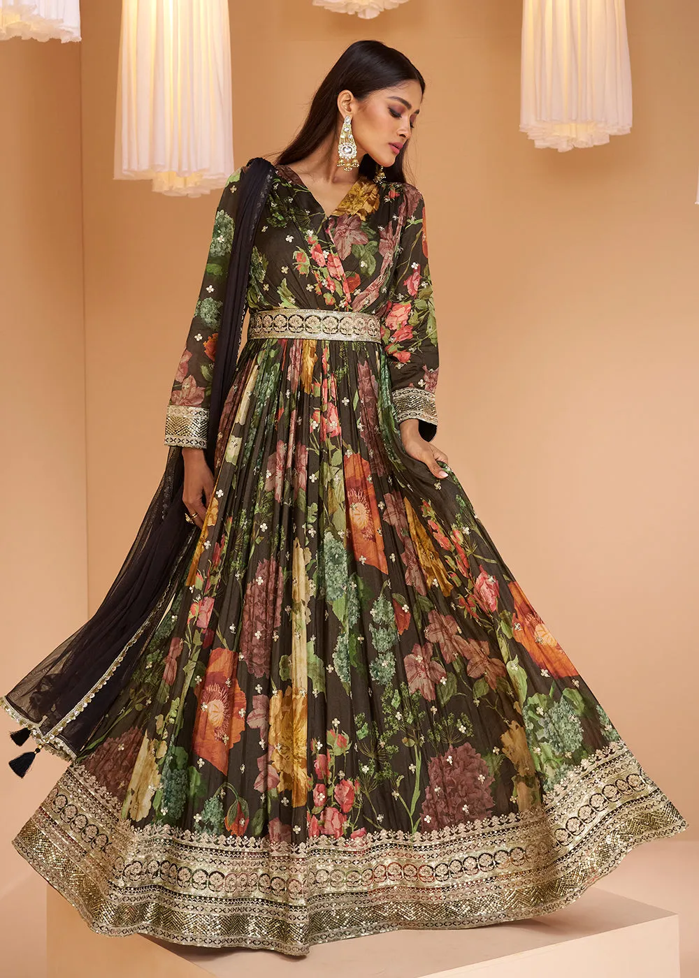 Coffee Brown Floral Printed Wedding Festive Anarkali Gown