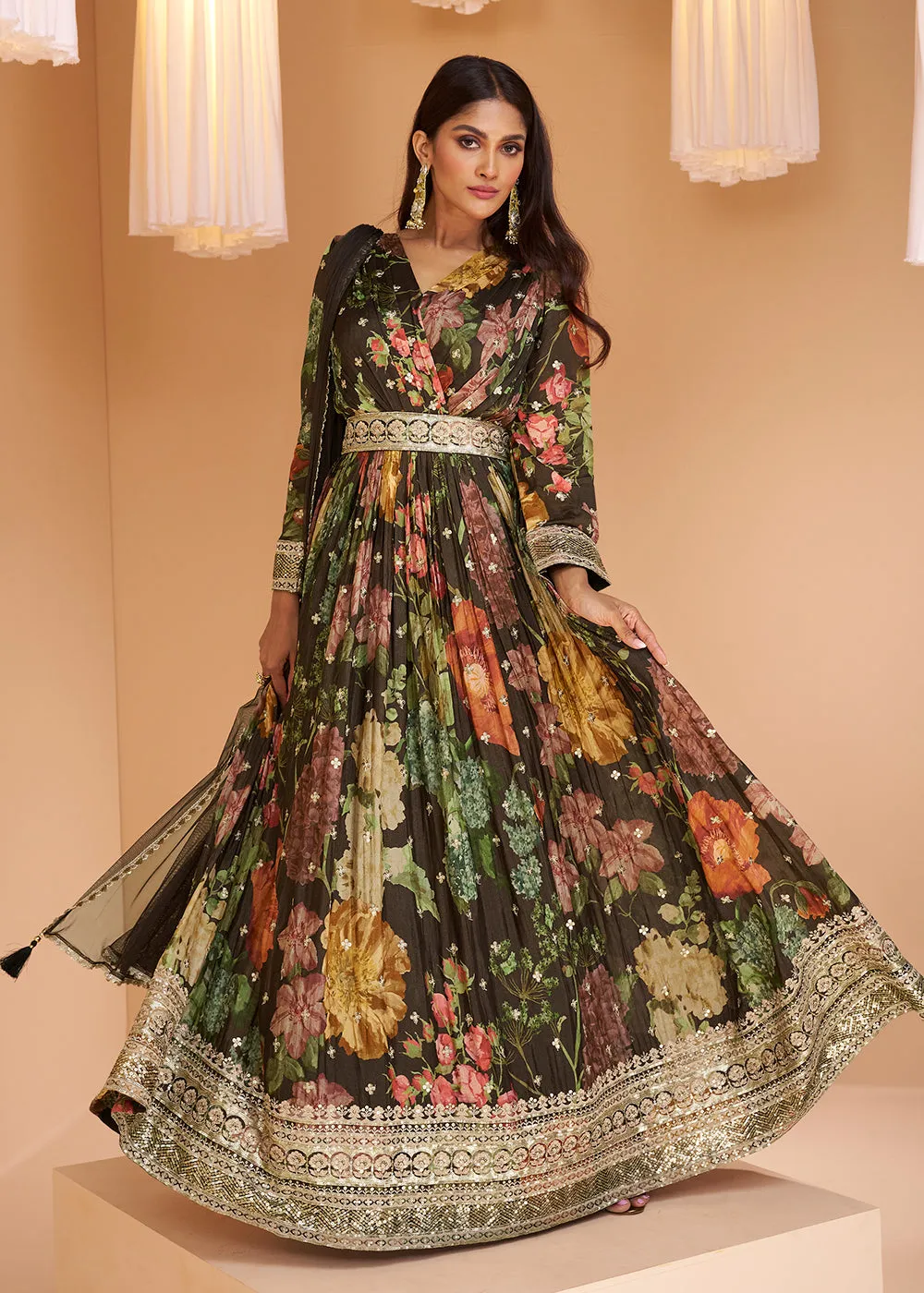 Coffee Brown Floral Printed Wedding Festive Anarkali Gown