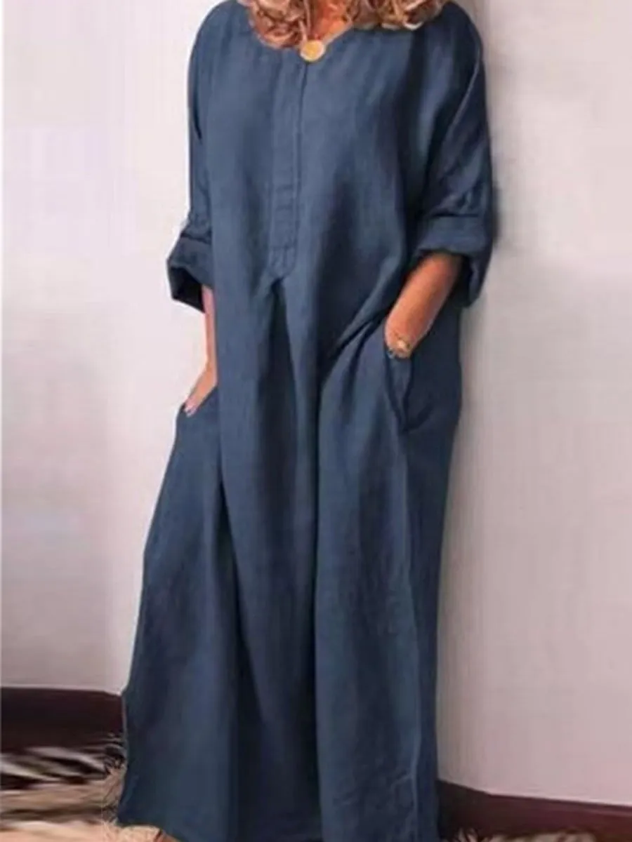 Cotton and Linen Solid Long Loose Long-Sleeved Dress