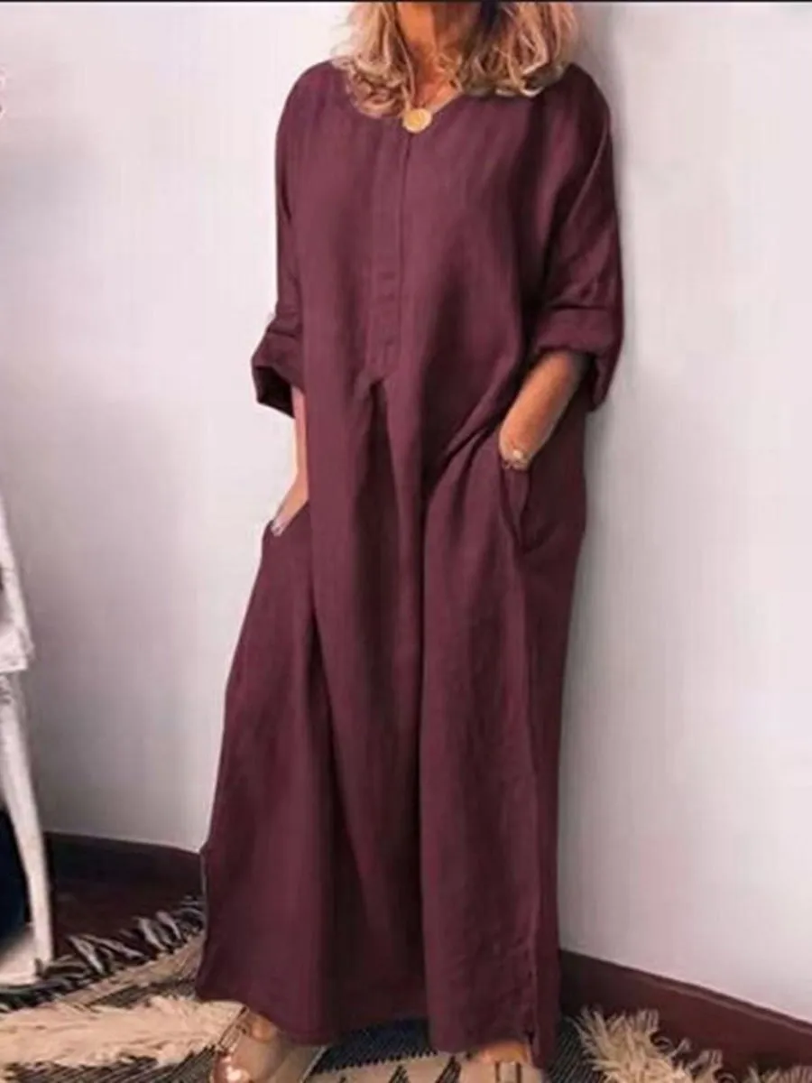 Cotton and Linen Solid Long Loose Long-Sleeved Dress