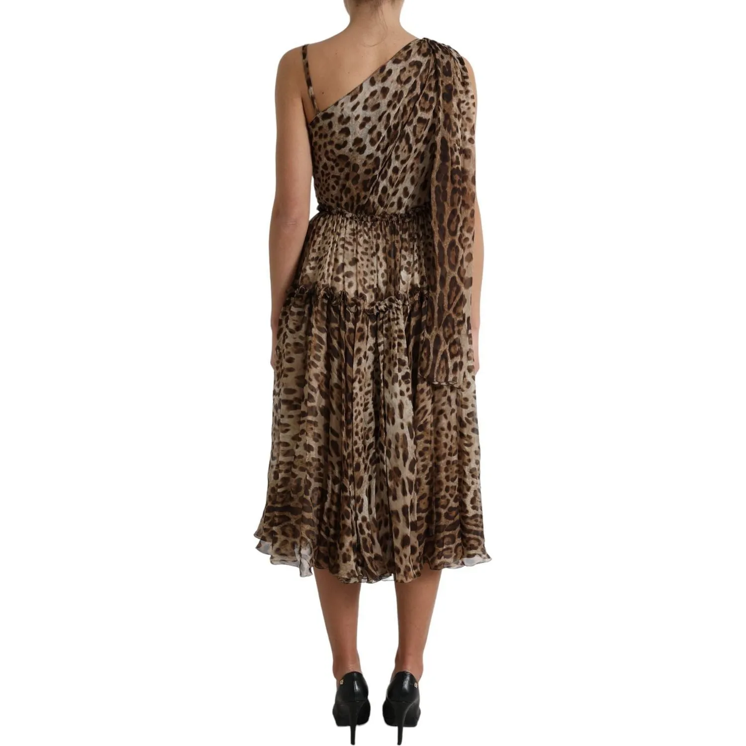 Dolce & Gabbana Elegant One-Shoulder Leopard Midi Dress