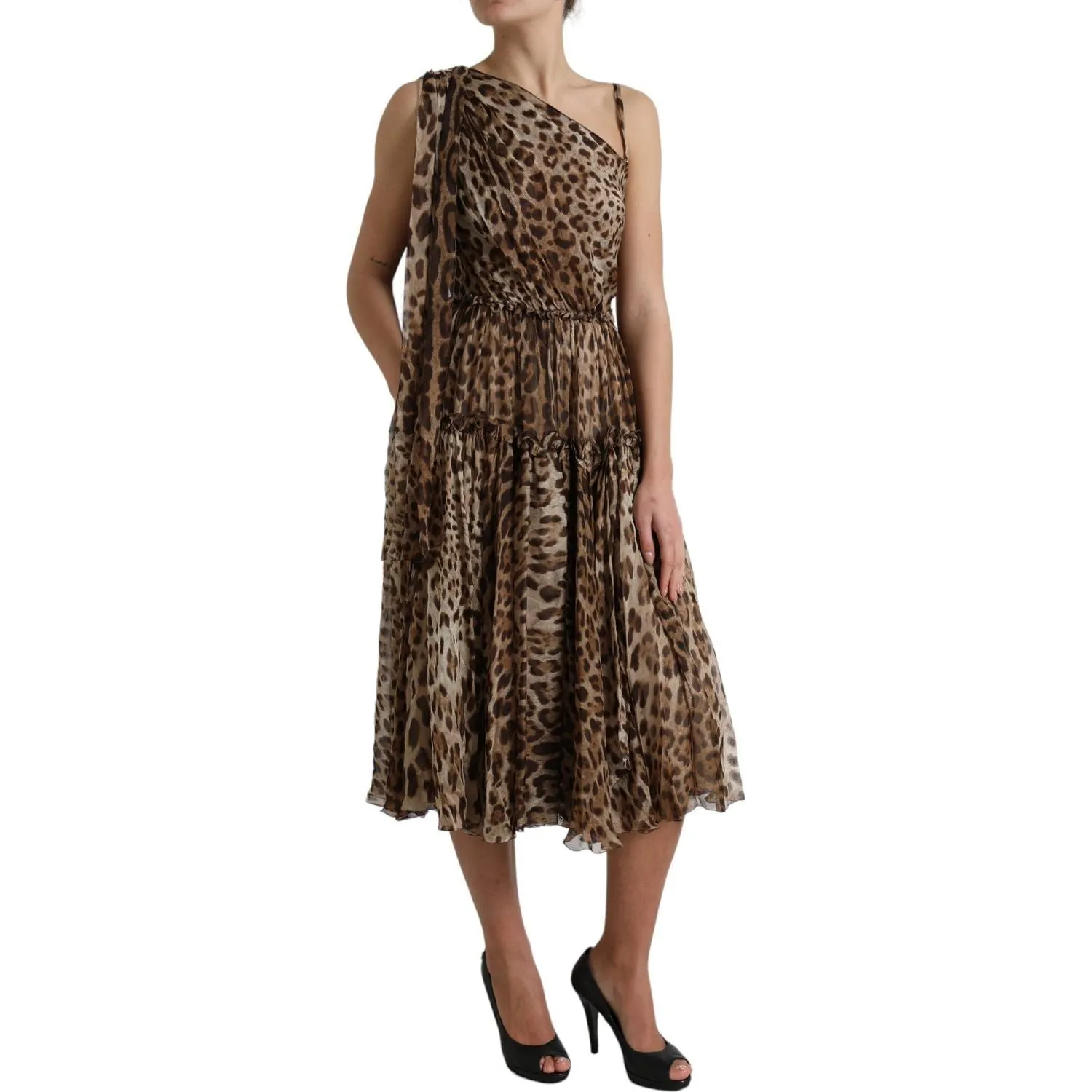 Dolce & Gabbana Elegant One-Shoulder Leopard Midi Dress