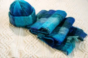 Donegal Design Mohair Hat and Scarf Set - Blue and Green