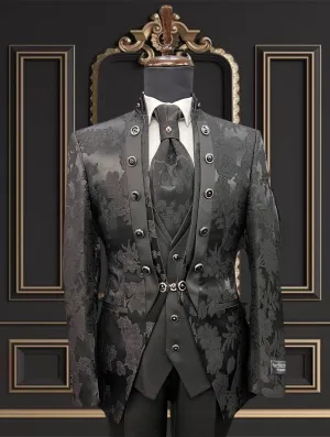 Floral Black Slim Fit Tuxedo with Mandarin Collar | Unique & Elegant