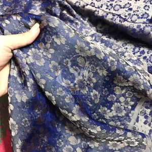 Grey flowers on Navy silk - PURE MULBERRY SILK fabric by the yard - Denim silk with flowers - Floral Silk -Luxury Silk - Natural silk - Handmade in VietNam