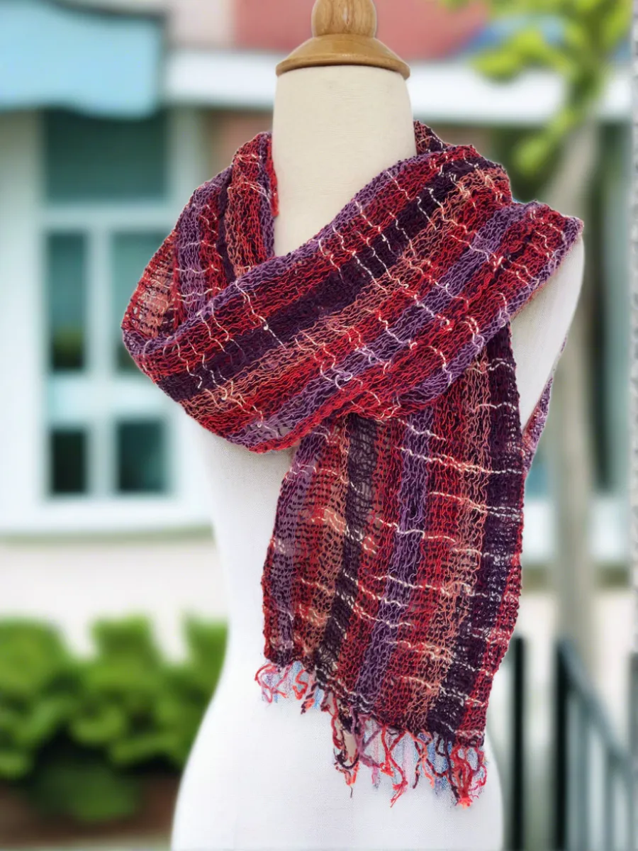 Handwoven Open Weave Cotton Scarf - Multi Plum-Red-White