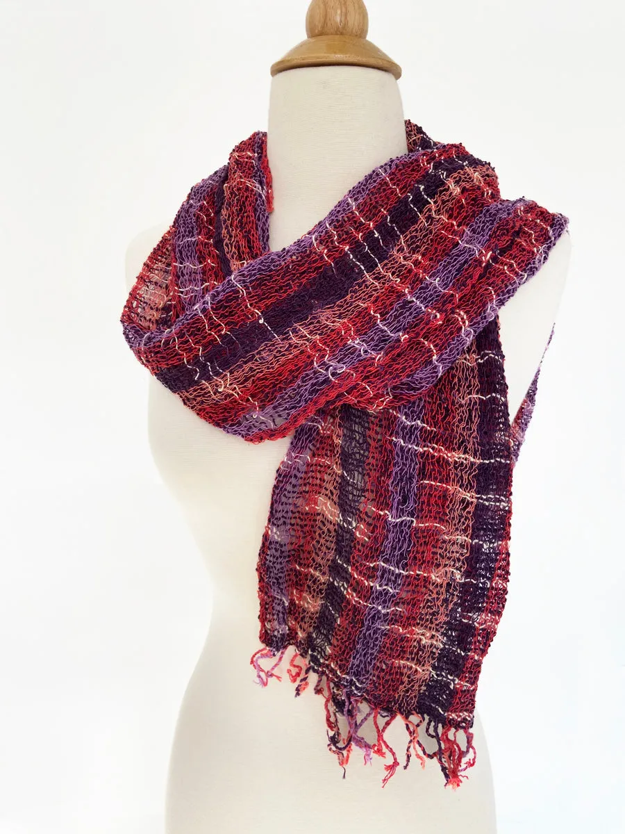 Handwoven Open Weave Cotton Scarf - Multi Plum-Red-White