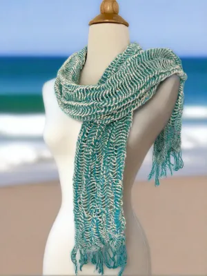 Handwoven Open Weave Cotton Scarf - Sky Blue-White