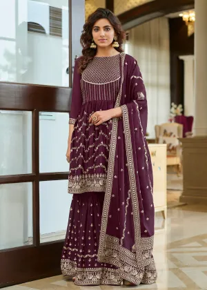 Heavy Chinon Plum Purple Sequins Festive Gharara Suit