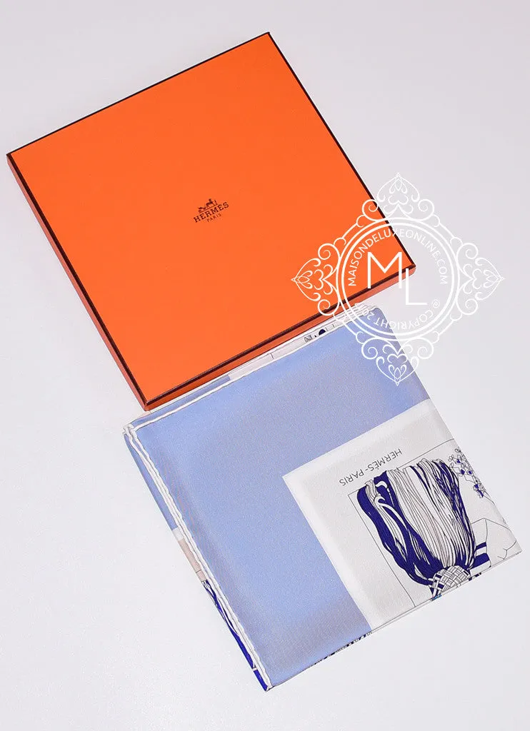 Hermes Blue Creme Twill Silk 90 cm Passementerie Quadri Scarf