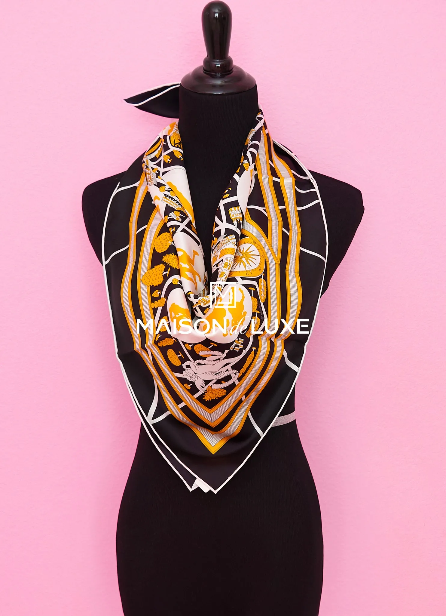 Hermes "Les Nouveaux Amoureux de Paris" Black Twill Silk 90 cm Scarf