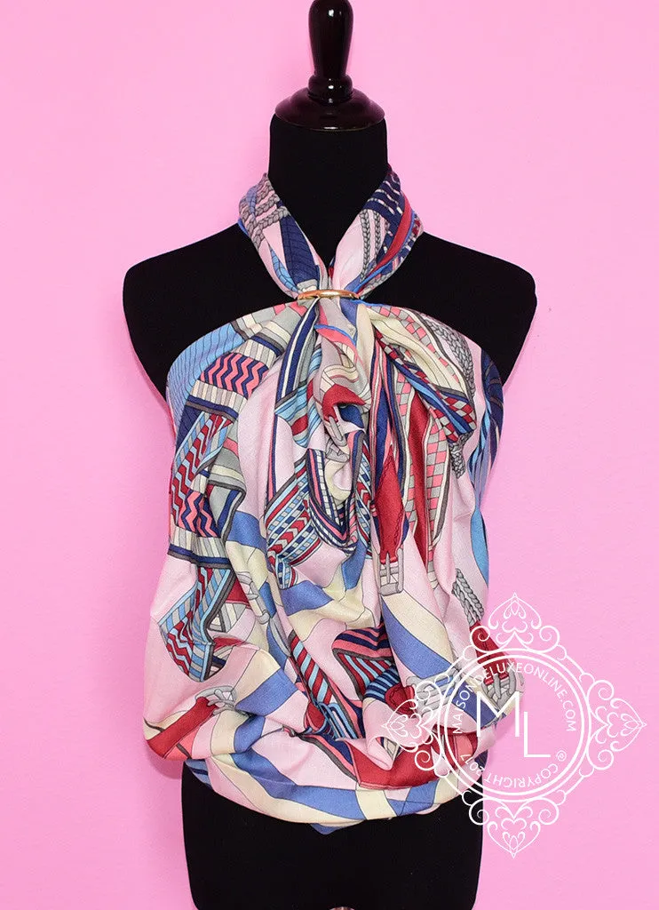 Hermes "Sangles en Zigzag" Red Blue Cashmere 140 GM Shawl Scarf