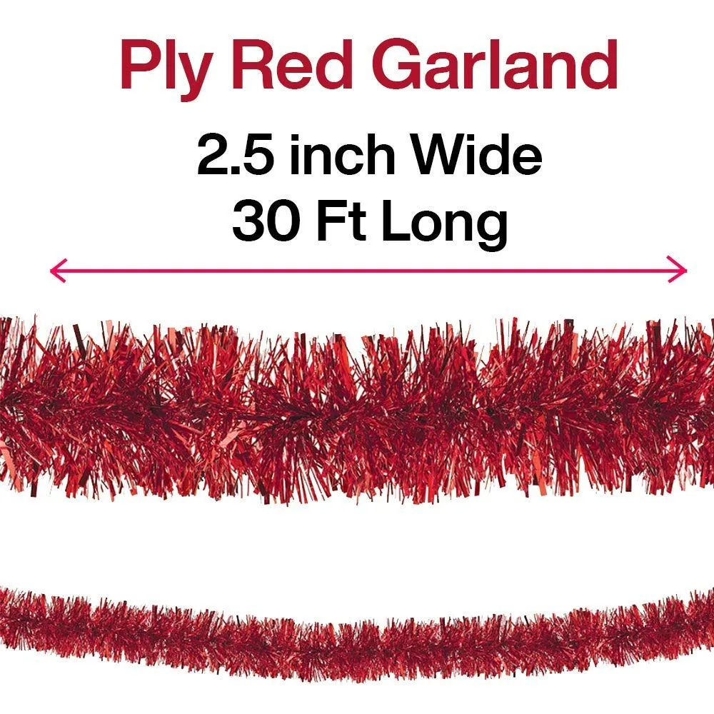 Kicko Tinsel Garland - 2.4 inches x 30 Foot Long Glittery Wreath in Metallic Red Color