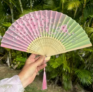 Luxury Bamboo Silk Fan - Green/Pink Blossoms