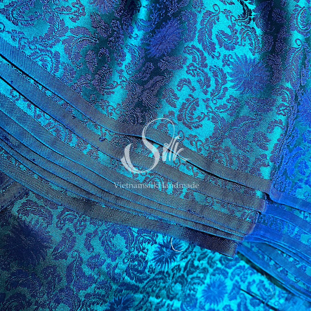 Mallard Green and Peacock Blue Silk with Flowers - PURE MULBERRY SILK fabric by the yard -  Floral Silk -Luxury Silk - Natural silk - Handmade in VietNam