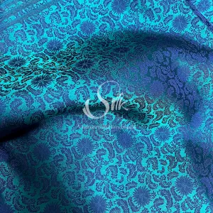 Mallard Green and Peacock Blue Silk with Flowers - PURE MULBERRY SILK fabric by the yard -  Floral Silk -Luxury Silk - Natural silk - Handmade in VietNam