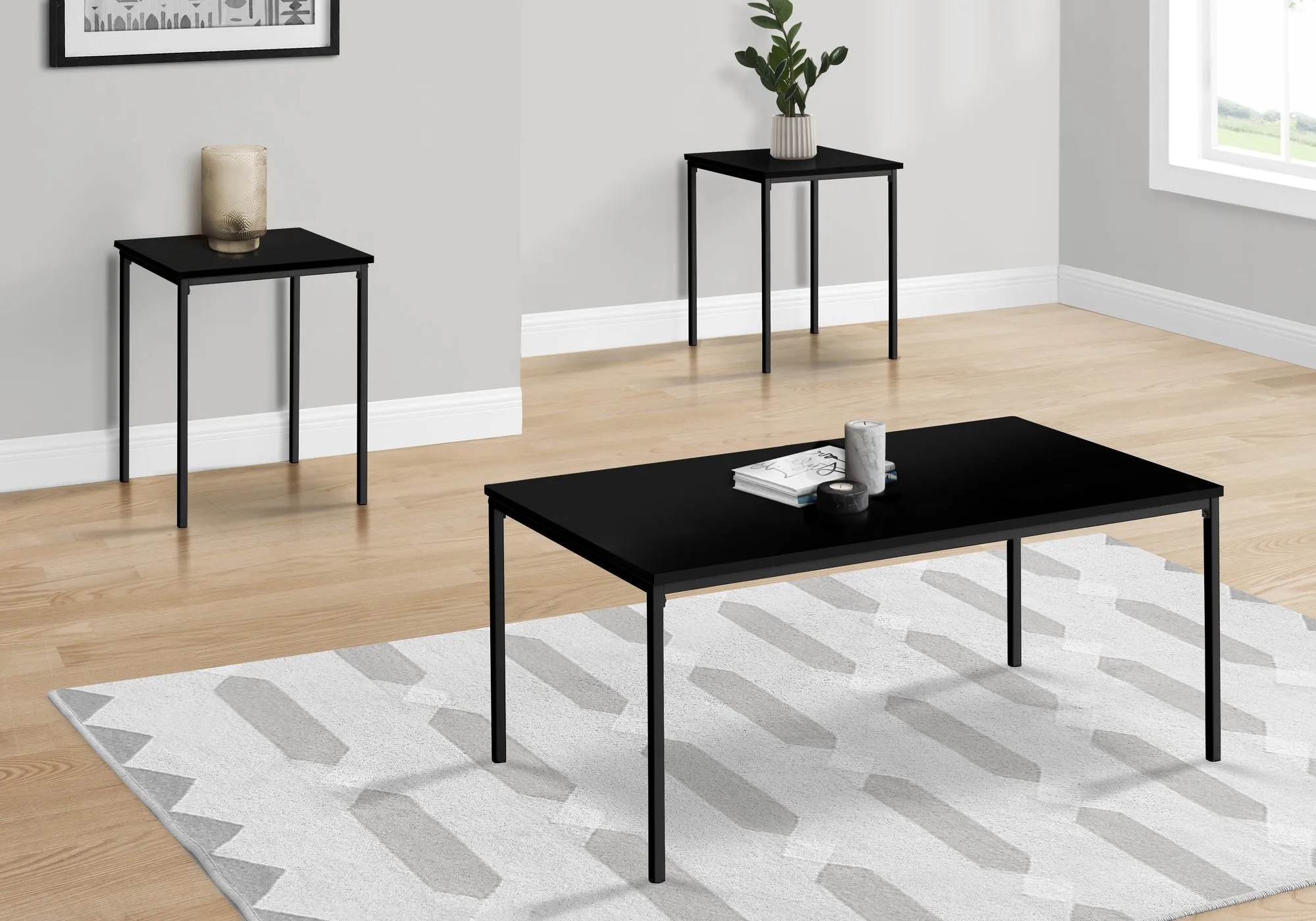 Modern Black Metal Coffee and End Table Set - 3pcs Set with Contemporary Black Laminate Design