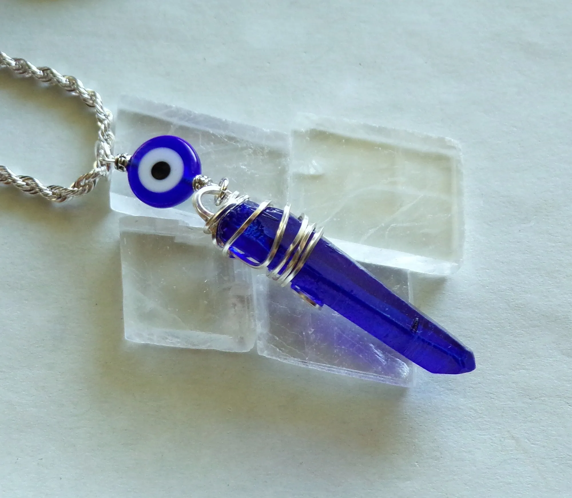 Royal Blue Mystic Quartz Crystal Evil Eye Pendant Necklace