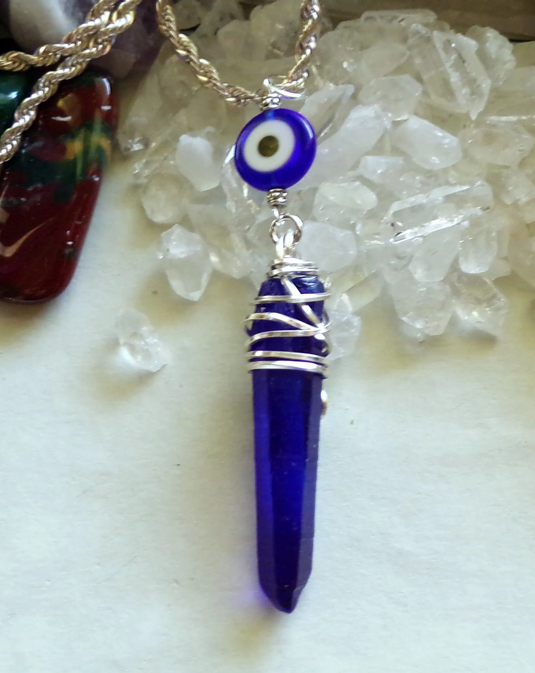 Royal Blue Mystic Quartz Crystal Evil Eye Pendant Necklace