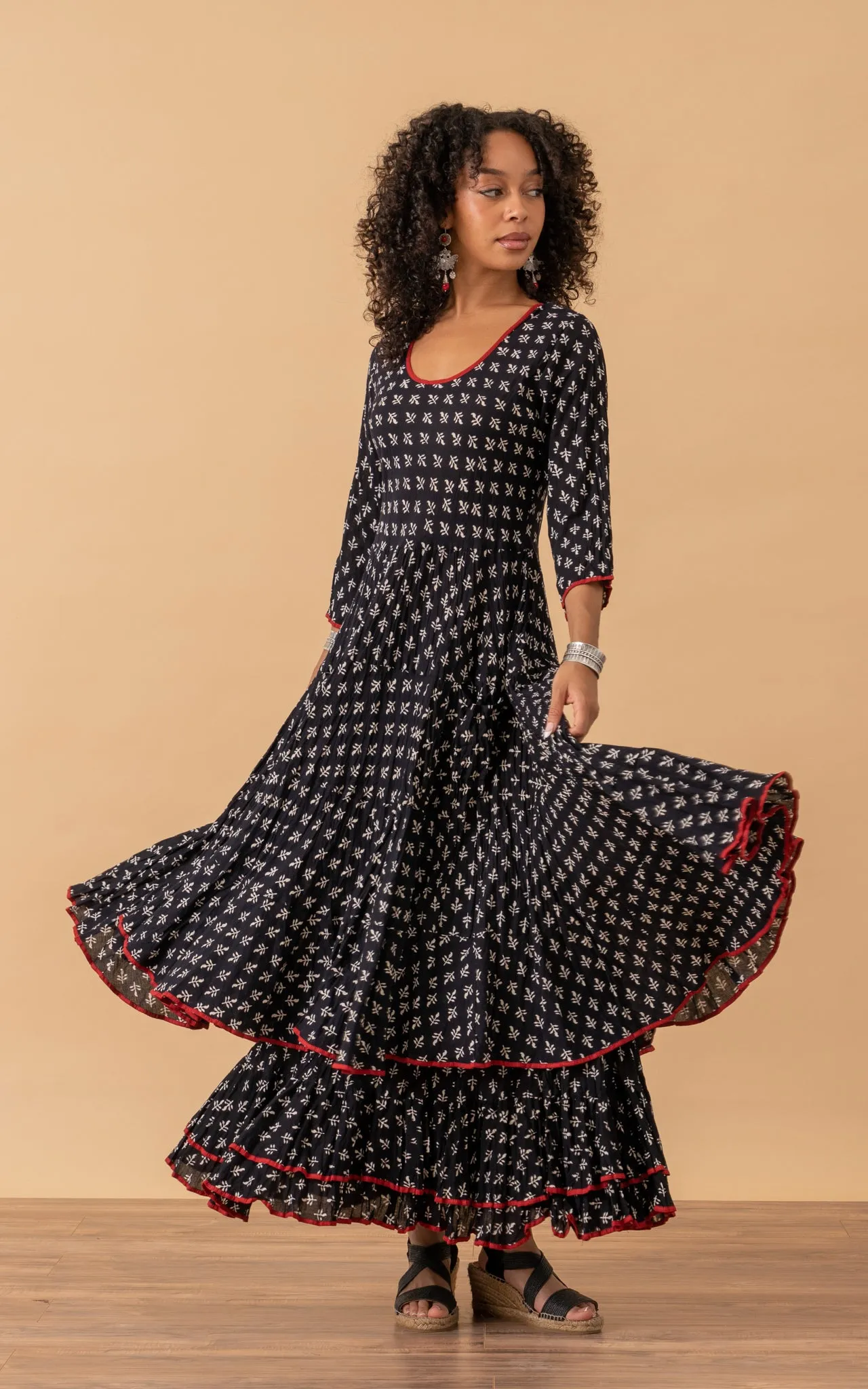 Santa Fe Dress, Long, 3/4 Sleeve, Black Calico