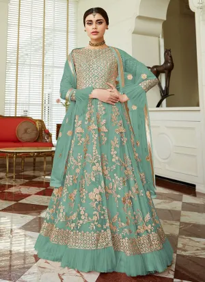 Sea Green Frilled Cuffs Net Lehenga Style Anarkali Suit