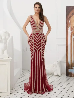 V-neck Mermaid Elegant Long Evening Prom Dresses SDP1142