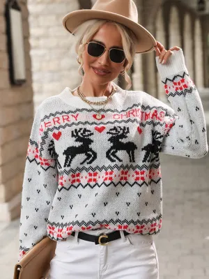 Women's Jacquard Knit Crew Neck Color Contrast Christmas Sweater